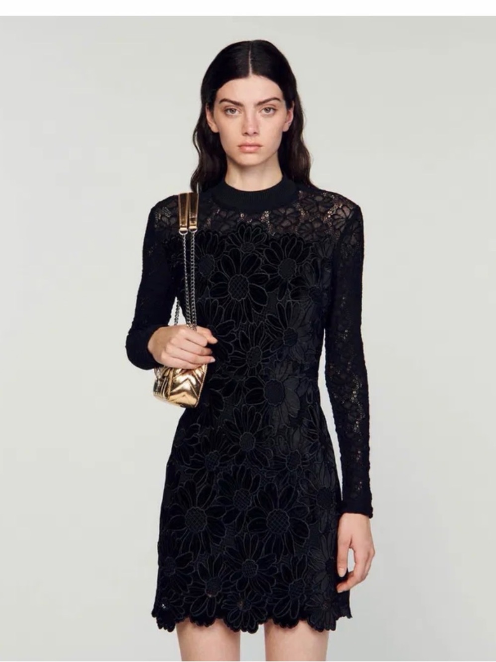 Sandro Black Floral Lace Long-Sleeve Mini Dress